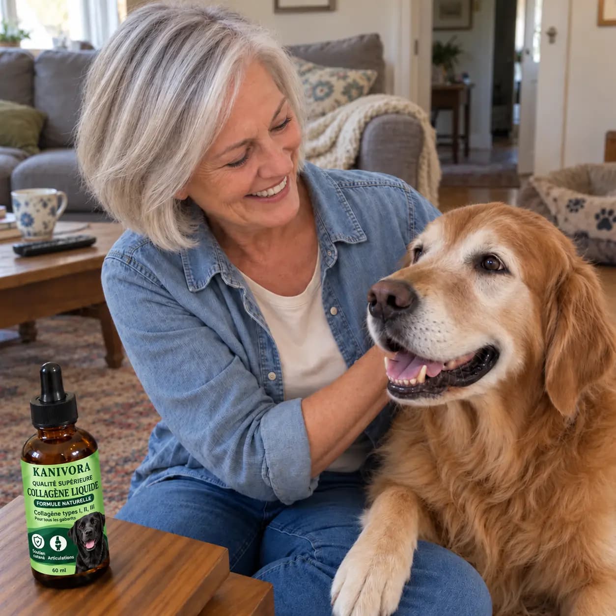 Jeannine avec son chien à la maison