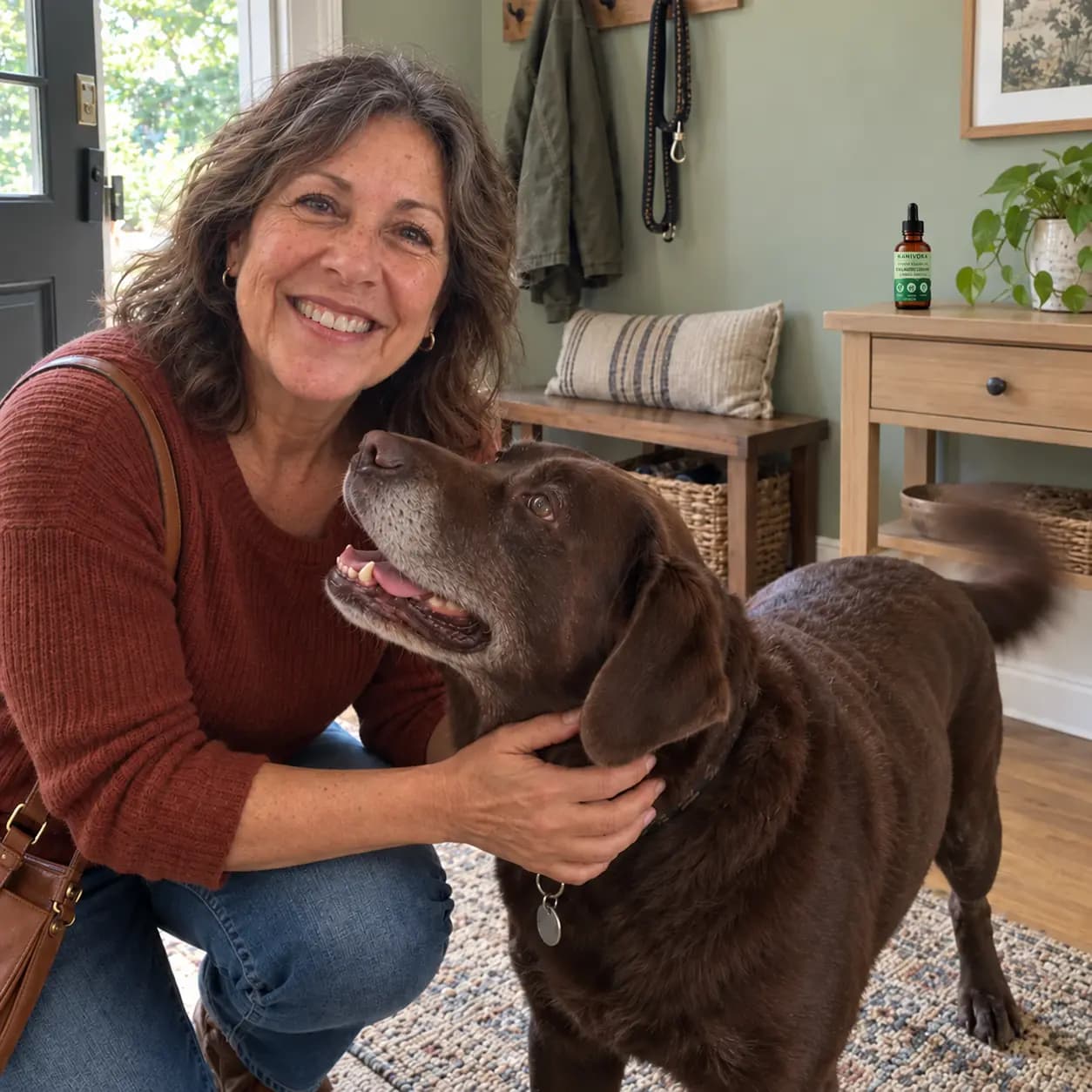 Catherine avec son labrador à la maison