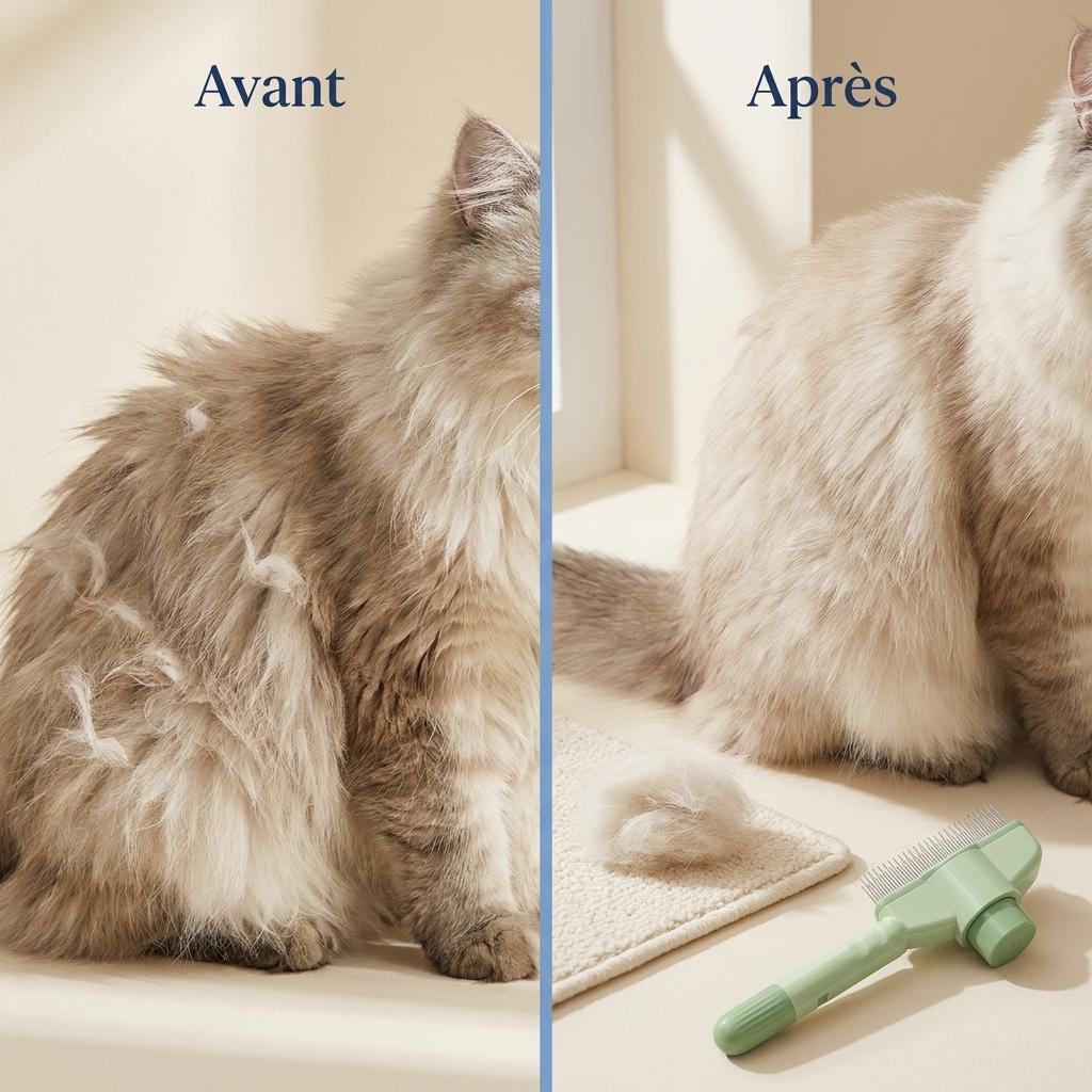 Avant / après brossage : pelage emmêlé puis pelage lisse, avec la touffe de poils retirée