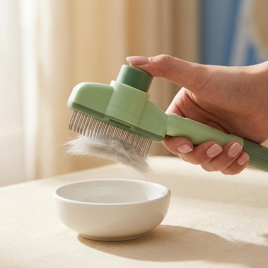 La brosse libère une touffe de poils au-dessus d'un bol d'un simple clic