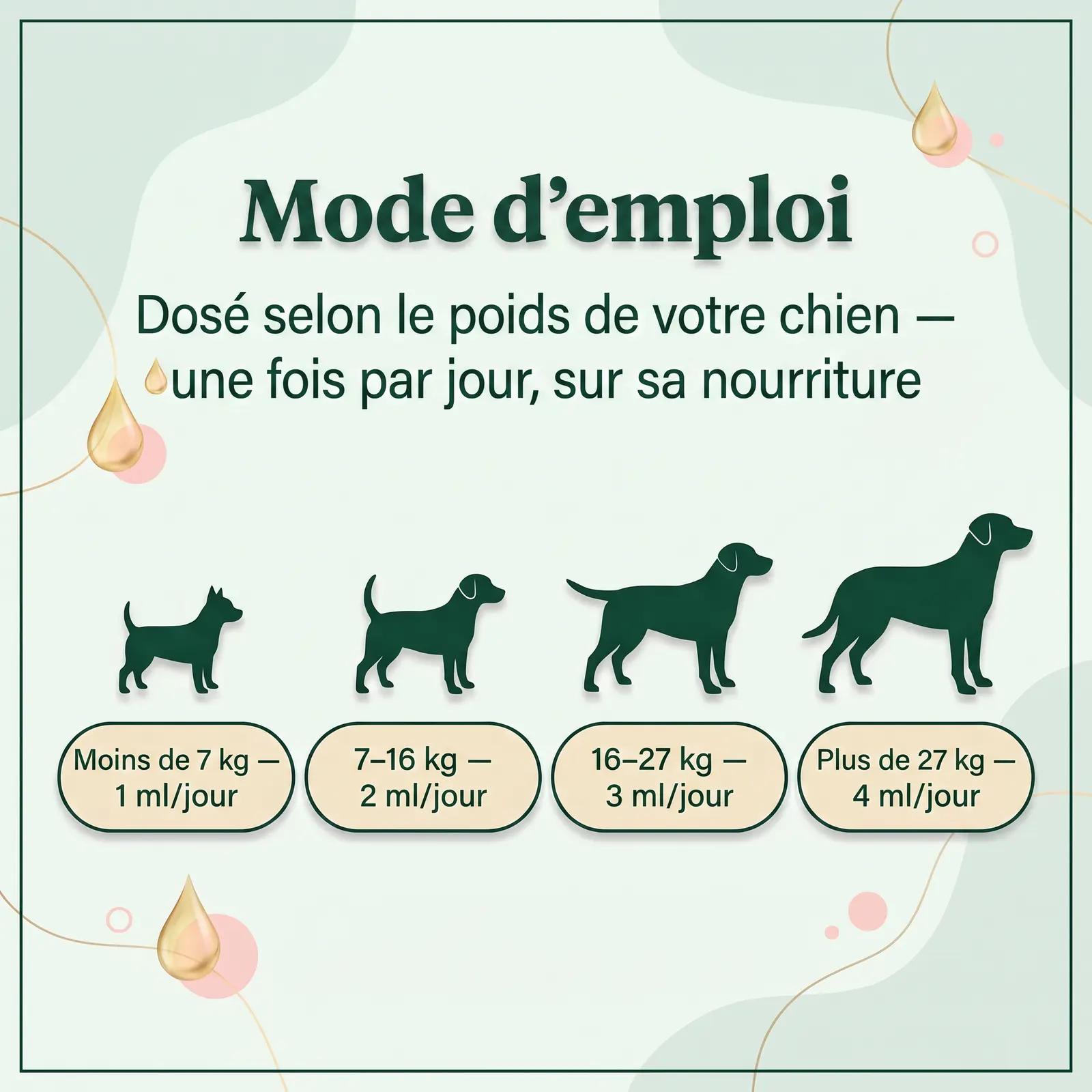 Mode d'emploi — dosage KANIVORA selon le poids du chien, une fois par jour sur la nourriture