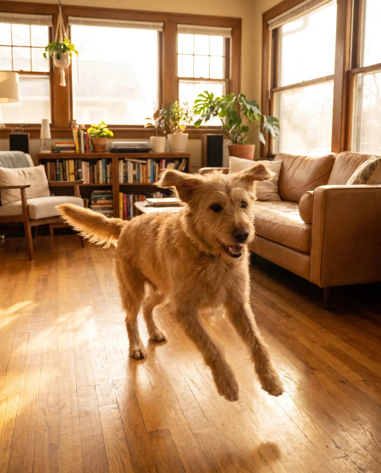 Un chien heureux qui traverse un salon ensoleillé en courant