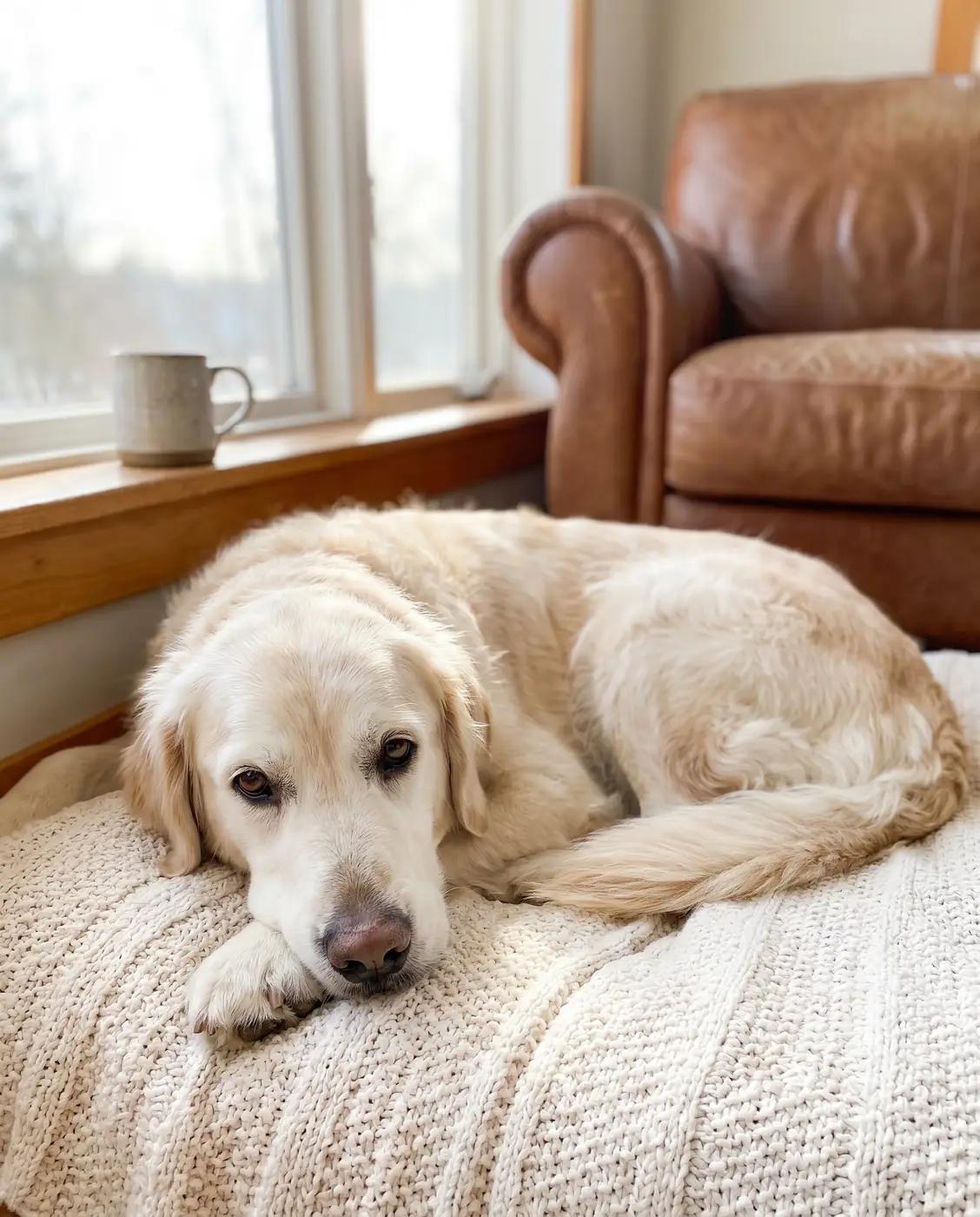 Un chien senior détendu qui se repose confortablement près d’une fenêtre