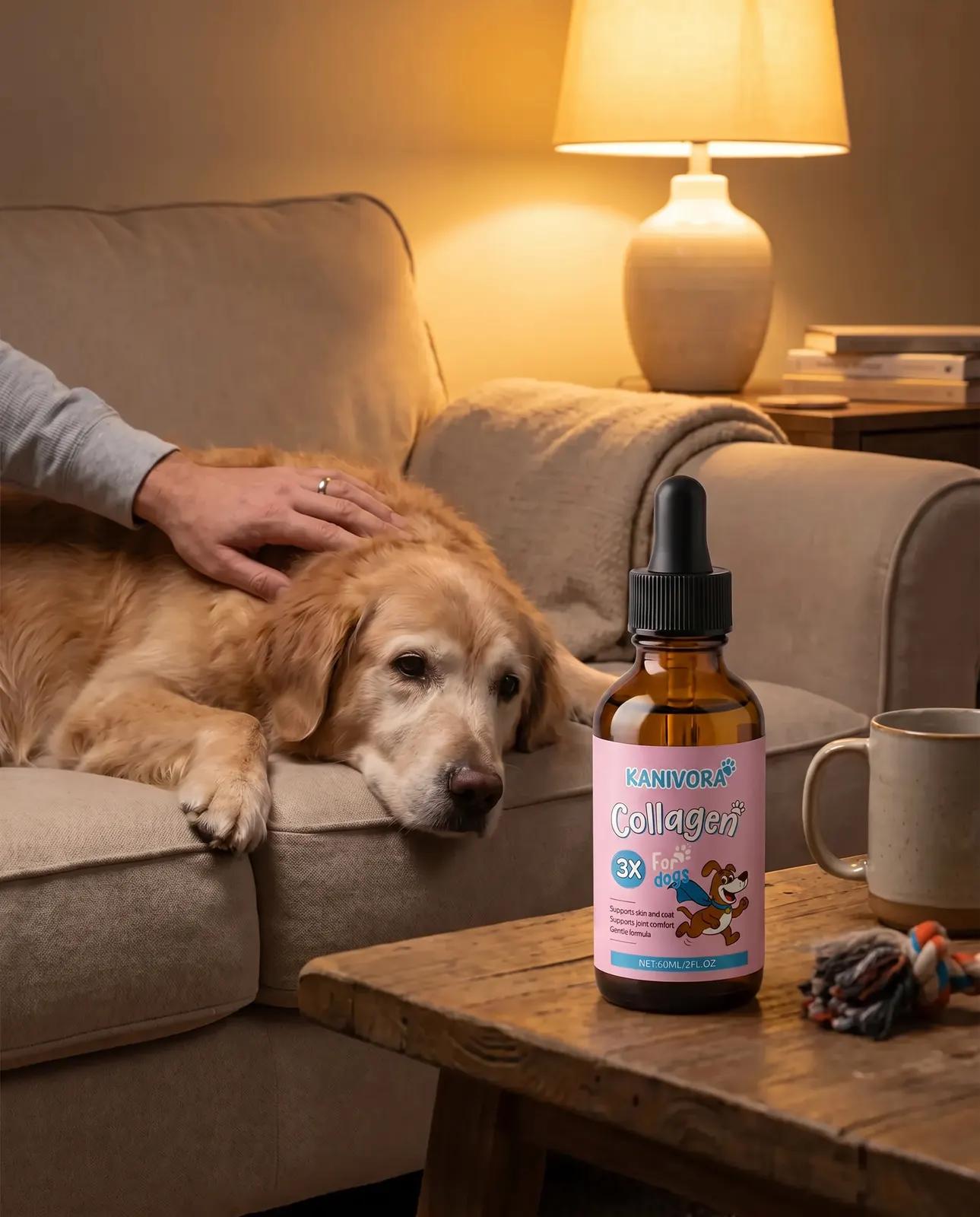 Un chien senior endormi contre son maître sur le canapé, le flacon KANIVORA sur la table d’appoint.