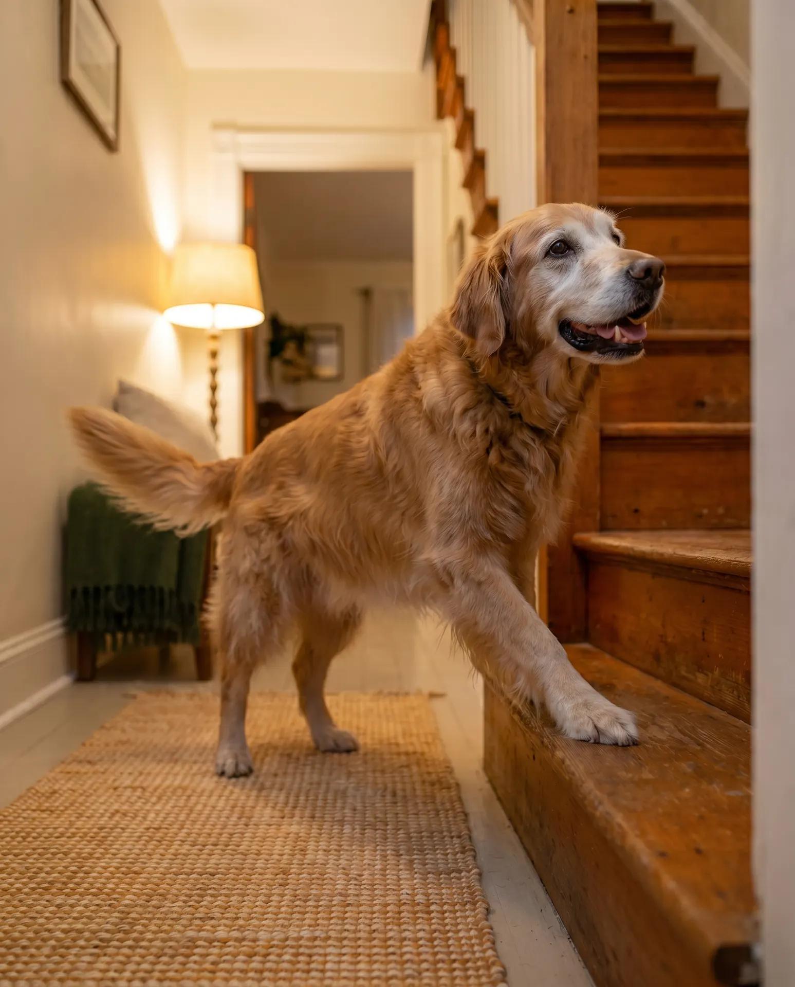 Un chien senior qui monte un escalier en bois avec une énergie facile et confiante.
