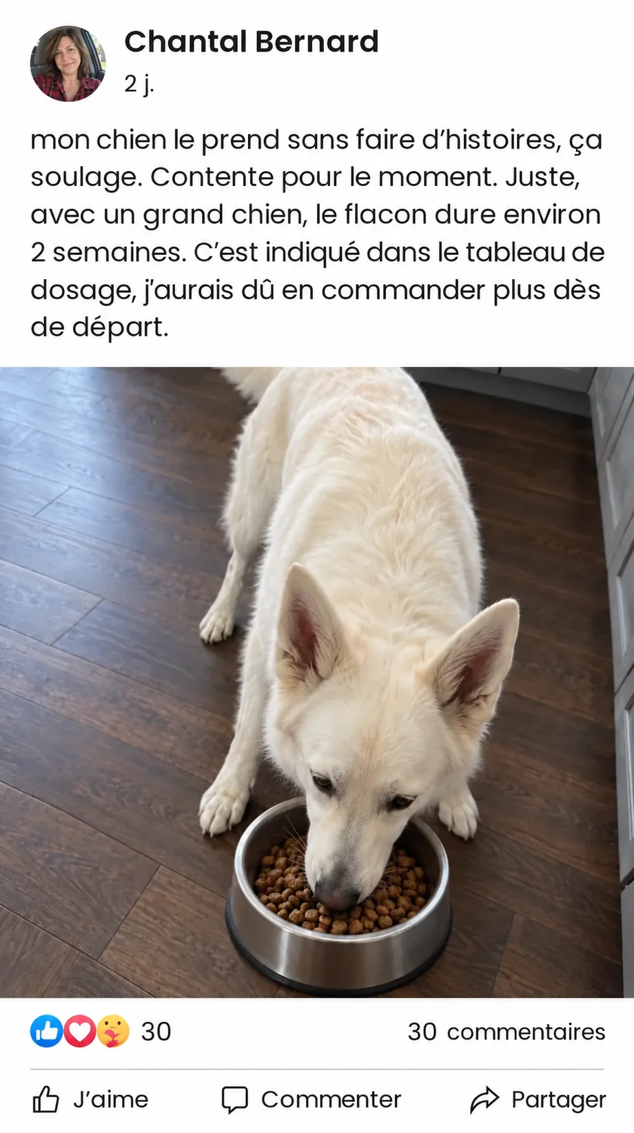 Chantal Bernard: mon chien le prend sans faire d’histoires, ça soulage. Contente pour le moment. Juste, avec un grand chien, le flacon dure environ 2 semaines. C’est indiqué dans le tableau de dosage, j’aurais dû en commander plus dès le départ.