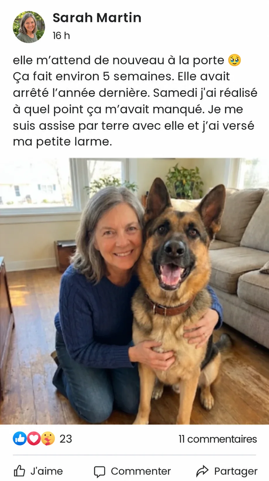 Sarah Martin: elle m’attend de nouveau à la porte 🥹 Ça fait environ 5 semaines. Elle avait arrêté l’année dernière. Samedi j’ai réalisé à quel point ça m’avait manqué. Je me suis assise par terre avec elle et j’ai versé ma petite larme.