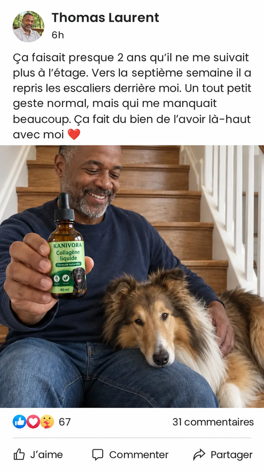 Thomas Laurent: Ça faisait presque 2 ans qu’il ne me suivait plus à l’étage. Vers la septième semaine il a repris les escaliers derrière moi. Un tout petit geste normal, mais qui me manquait beaucoup. Ça fait du bien de l’avoir là-haut avec moi ❤️